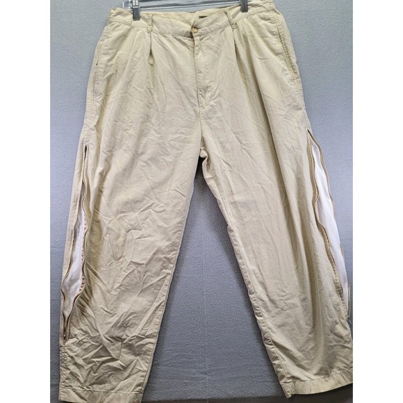 VINTAGE Travel Smith Pants Mens Large Beige Hiking Pleated Outdoor Nylon Zippers - Picture 1 of 12